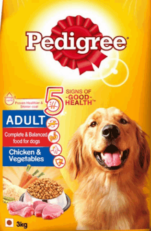 a bag of pedigree adult dog food with a picture of a dog