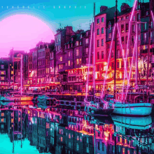 a painting of a harbor with neon lights and the words ychedelic graphic