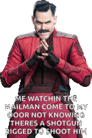 a man with a mustache and a red jacket is standing with his hands folded