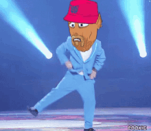 a cartoon character wearing a blue suit and a red hat is dancing