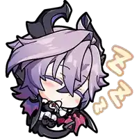 a demon with purple hair and horns is sleeping .