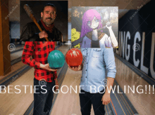 two men holding bowling balls in a bowling alley with the words " besties gone bowling "