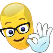 a cartoon smiley face wearing glasses and a white glove giving an ok sign