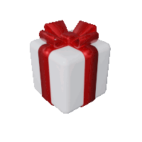 a white gift box with a red ribbon around it