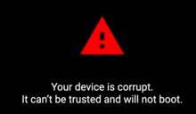 a black background with a red warning sign that says " your device is corrupt it can 't be trusted and will not boot "