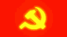 a red background with a yellow hammer and sickle symbol