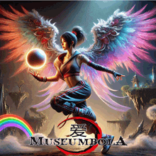 a woman with angel wings is holding a ball and the words museumbola are on the bottom