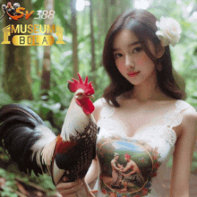 a woman with a flower in her hair holds a rooster in front of a sign that says museum bola