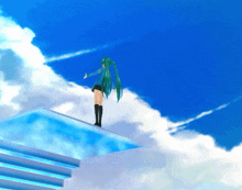 a girl with green hair is standing on top of a staircase