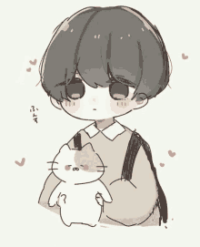 a drawing of a boy holding a cat with hearts around