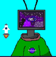 a pixel art drawing of a person with a television instead of a head and a rocket in the background .