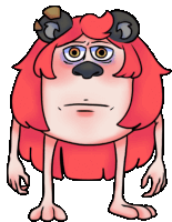 a cartoon character with red hair and horns has a sad expression on his face