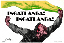 a drawing of a man holding a green and yellow flag with the words ingatlanba