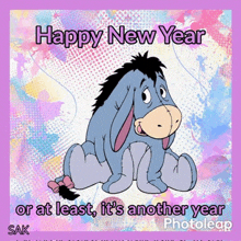 eeyore from winnie the pooh is sitting on a purple background with the words happy new year