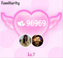 a pink heart with wings and the number 966969 on it