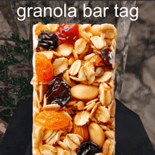 a granola bar with nuts and dried fruit on top