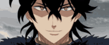 a close up of a black haired anime character 's face with a smile on his face .