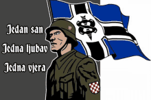 a soldier stands in front of a flag with the words jedan san jedana ljubav jedana vjera