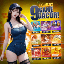 a poster for goa slot 9 game gacor with a woman in overalls