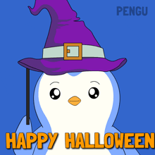 a penguin wearing a witch hat and holding a wand with the words happy halloween written below it
