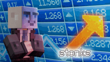 a minecraft character is standing in front of a stock chart with the word stonks on it