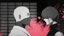 a black and white drawing of a bald man and a black man