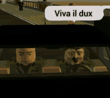 two cartoon characters are sitting in a car with a speech bubble saying viva il dux .