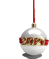 a white christmas ornament with gold numbers 2021 hanging from a red string