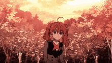 a girl with red hair is standing in a forest with trees