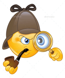 a cartoon smiley face wearing a detective hat and smoking a pipe looking through a magnifying glass