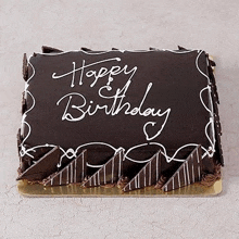 a chocolate birthday cake with the words `` happy birthday '' written on it