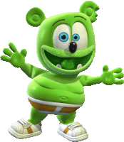 a green gummy bear with blue eyes is standing with his arms outstretched on a white background