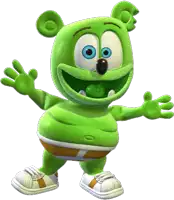 a green gummy bear with blue eyes is standing with his arms outstretched on a white background