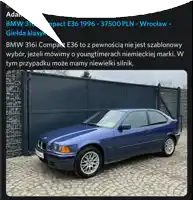 a picture of a blue bmw 316i compact e36 1996 - 37500 pln