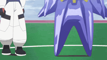 two cartoon characters standing next to each other on a soccer field