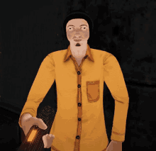 a man in a yellow shirt is holding a light in his hand