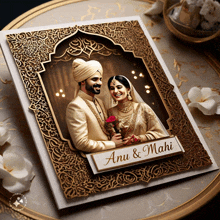 a card with a picture of a bride and groom and the name anu and mahi