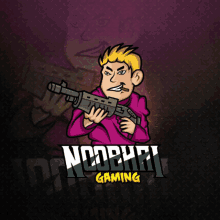 a logo for noobhai gaming shows a man holding a gun in his hands