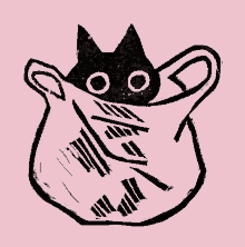 a black and white drawing of a cat in a bag on a pink background .