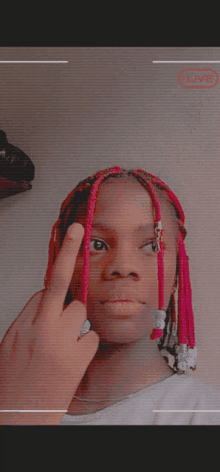 a girl with pink braids is making a middle finger gesture