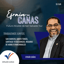 an advertisement for efrain canas shows a man in a suit smiling