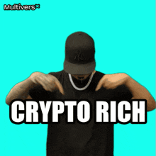 a man wearing a ny hat and a necklace is pointing at himself with the words crypto rich above him