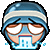 a pixel art illustration of a man wearing a helmet and glasses .