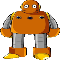 a cartoon drawing of an orange robot with headphones on his head