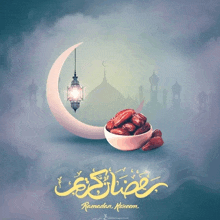 a greeting card for ramadan kareem with a bowl of dates and a crescent moon in the background