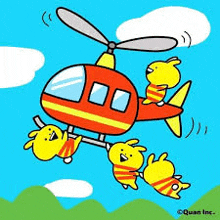 a cartoon of a helicopter carrying three rabbits .