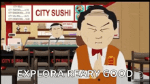 a cartoon of a man standing in front of a sign that says city sushi