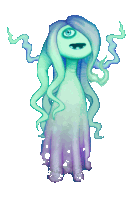 a cartoon drawing of a ghost with long hair and a single eye