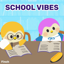 an illustration of two penguins sitting at a table with the words school vibes behind them