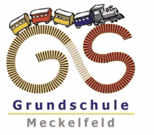 the logo for grundschule meckelfeld shows a train going down the track